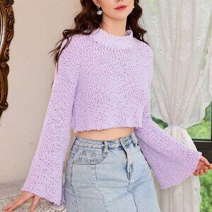 Lilac Purple Preppy Womens Mock Neck Bell Sleeve Crop Sweater
